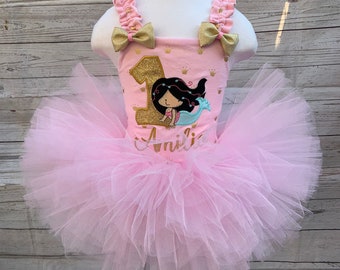 Mermaid Queen Pink and Gold Girls Birthday Tutu Outfit Set
