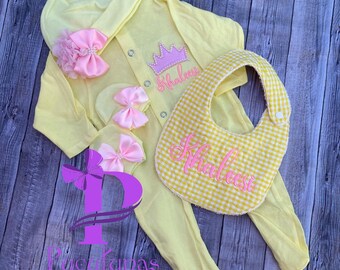 Baby Girl Yellow New Born Coming Home Outfit Onesie Set