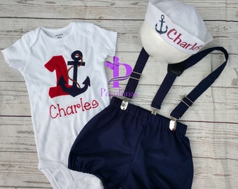 Smash Cake - Anchors Nautical Party - Pants, Bow Tie, Suspenders, Hat, Shirt - Navy & Red - First 1st Birthday