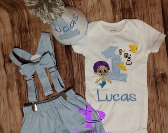 Bubble Guppies Smash cake set  ~ birthday smash cake outfit Onsie, bloomers cover,bow tie, hat