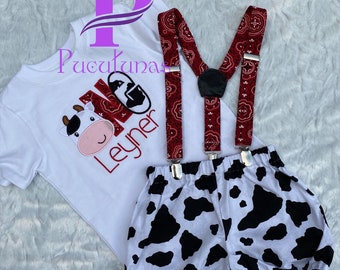 Cow - Red and Cow print Cute Boys Birthday Outfit Set
