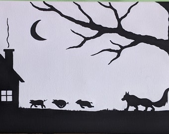 three little pigs/big bad wolf/cottage core/silhouette art/fairytale art/fantasy art/nursery décor/nursery art/original artwork/canvas art/