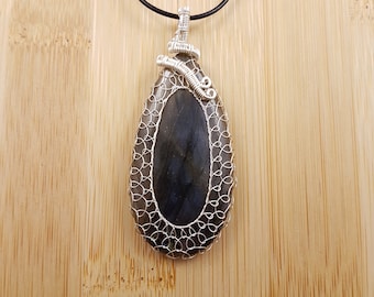 Blue Labradorite Pendant - Silver Wire Wrapped, Drop Cabochon, Adjustable Necklace