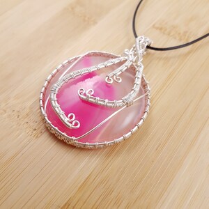 Pink Onyx Pendant Silver Wire Wrapped, Circle Cabochon, Adjustable Necklace image 6