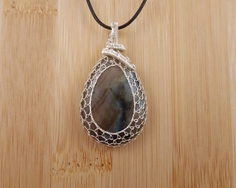 Bronze Blue Labradorite Pendant - Silver Wire Wrapped, Drop Cabochon, Adjustable Necklace