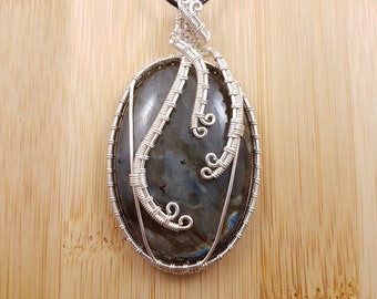 Grey Blue Labradorite - Silver Wire Wrapped, Genuine Gemstone, Oval Pendant