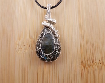 Green Blue Labradorite Pendant - Silver Wire Wrapped, Drop Cabochon, Adjustable Necklace