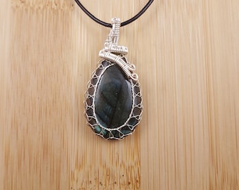 Green Labradorite Pendant - Silver Wire Wrapped, Drop Cabochon, Adjustable Necklace