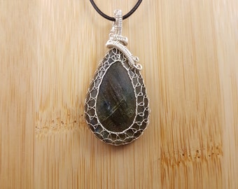 Gold Green Labradorite Pendant - Silver Wire Wrapped, Drop Cabochon, Adjustable Necklace
