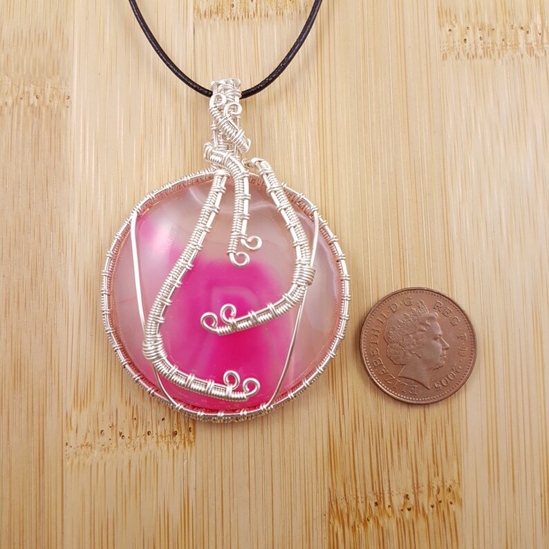 Pink Onyx Pendant Silver Wire Wrapped, Circle Cabochon, Adjustable Necklace image 4