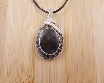 Dark Blue Labradorite Pendant - Silver Wire Wrapped, Oval Cabochon, Adjustable Necklace