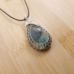 Blue Gold Labradorite Pendant Silver Wire Wrapped, Drop Cabochon, Adjustable Necklace image 5