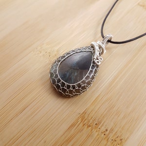 Blue Gold Labradorite Pendant Silver Wire Wrapped, Drop Cabochon, Adjustable Necklace image 6