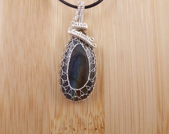 Blue Bronze Labradorite Pendant - Silver Wire Wrapped, Drop Cabochon, Adjustable Necklace