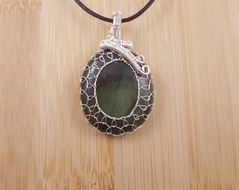 Green Labradorite Pendant - Silver Wire Wrapped, Oval Cabochon, Adjustable Necklace