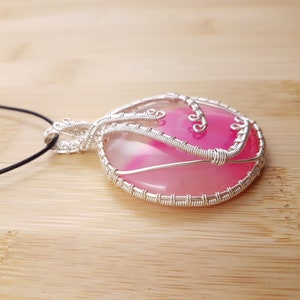 Pink Onyx Pendant Silver Wire Wrapped, Circle Cabochon, Adjustable Necklace image 2