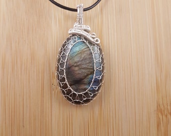 Copper Blue Labradorite Pendant - Silver Wire Wrapped, Oval Cabochon, Adjustable Necklace