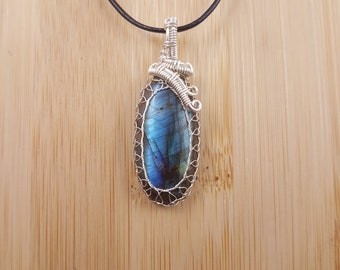 Blue Labradorite Pendant - Silver Wire Wrapped, Oval Cabochon, Adjustable Necklace