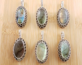 Blue Green Labradorite Pendant - Silver Wire Wrapped, Oval Cabochon, Adjustable Necklace