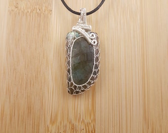 Green Gold Labradorite Pendant - Silver Wire Wrapped, Curved Cabochon, Adjustable Necklace