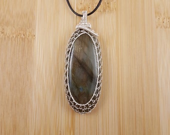 Bronze Labradorite Pendant - Silver Wire Wrapped, Oval Cabochon, Adjustable Necklace