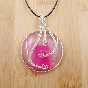 Pink Onyx Pendant Silver Wire Wrapped, Circle Cabochon, Adjustable Necklace image 1