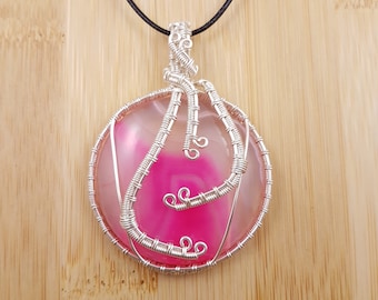 Pink Onyx Pendant - Silver Wire Wrapped, Circle Cabochon, Adjustable Necklace