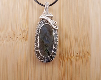 Green Blue Copper Labradorite Pendant - Silver Wire Wrapped, Oval Cabochon, Adjustable Necklace