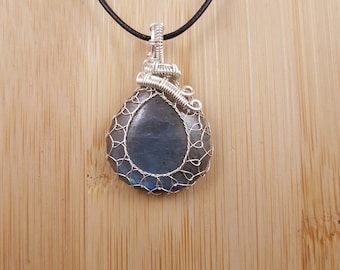 Blue Green Labradorite Pendant - Silver Wire Wrapped, Drop Cabochon, Adjustable Necklace