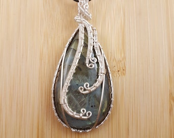 Green Blue Labradorite - Silver Wire Wrapped, Genuine Gemstone, Drop Pendant