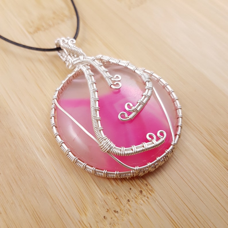 Pink Onyx Pendant Silver Wire Wrapped, Circle Cabochon, Adjustable Necklace image 5