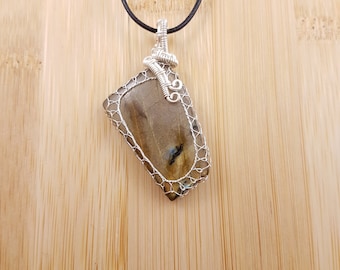 Gold Labradorite Pendant - Silver Wire Wrapped, Angular Cabochon, Adjustable Necklace