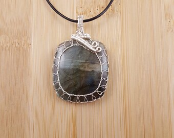 Green Copper Blue Labradorite Pendant - Silver Wire Wrapped, Rectangle Cabochon, Adjustable Necklace