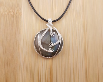 Bronze Blue Labradorite - Silver Wire Wrapped, Genuine Gemstone, Circle Pendant