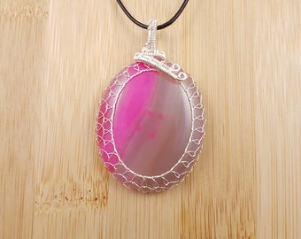 Pink Onyx Pendant - Silver Wire Wrapped, Oval Cabochon, Adjustable Necklace