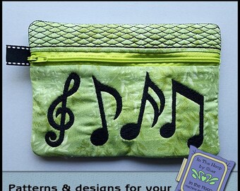 ITH Music Notes Zipper Bag, In The Hoop Zipper Bag, Music Embroidery, Music Machine Embroidery, Music Notes Embroidery 5x7 Hoop DIGITAL FILE