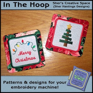 May include: Two embroidered Christmas-themed coasters. One coaster features a green Christmas tree with a gold star on top. The other coaster features a red and green garland with the words "Merry Christmas".