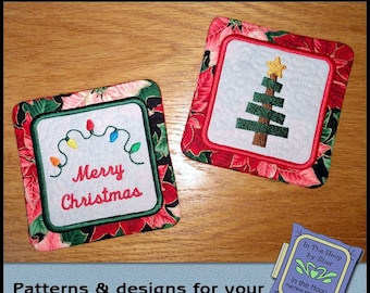 ITH Christmas Tree Coasters, In The Hoop Coasters, Christmas Coasters, Christmas Embroidery, Holiday Embroidery, 2 Sizes, DIGITAL FILE