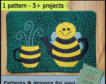 ITH Bee Mug Rug, Bee Embroidery, In The Hoop Teapot Mug Rug, Bee Doorknob Hanger, Teapot Embroidry,  Garden Embroidery, DIGITAL FILE