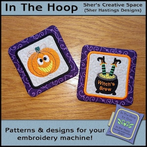ITH Prim Pumpkin & Witch Coasters - In The Hoop Coasters - Halloween Coasters - Halloween Embroidery- 5 x 7 and 4 x 4 Hoops - DIGITAL FILE