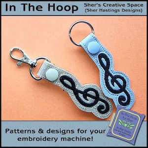 ITH Treble Clef Key Fob, Music Bag Tag, Music Key Fob, Music Snap Tab, Music Machine Embroidery Design, Music Embroidery - DIGITAL FILE