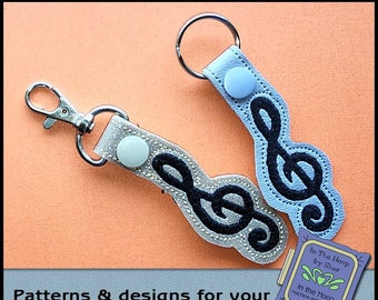 ITH Treble Clef Key Fob, Music Bag Tag, Music Key Fob, Music Snap Tab, Music Machine Embroidery Design, Music Embroidery - DIGITAL FILE