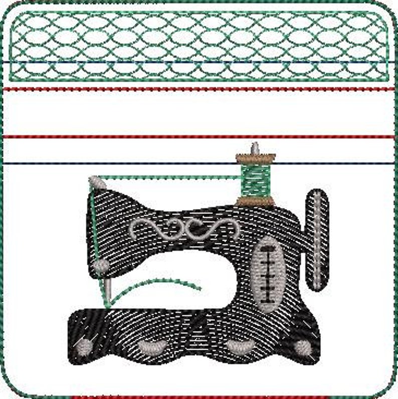 May include: Black and white illustration of a vintage sewing machine with a green thread spool and needle. The machine is on a white background with a red and green border.