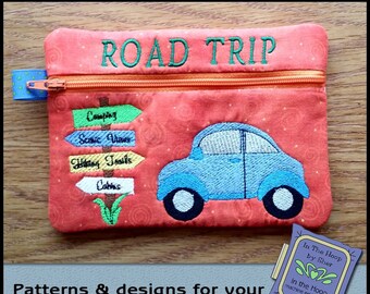 ITH Road Trip Zipper Bag - Fully Lined - In The Hoop Zipper Bag - Travel Zipper Bag - Embroidery Design - 5 x 7 Hoop - DIGITAL FILE