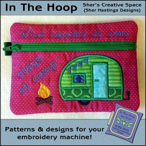 ITH At Camp Zipper Bag, Camping Zipper Bag, In The Hoop Zipper Bag, Camper Zipper Bag, Camping Applique Design, 5x7 Hoop, DIGITAL FILE