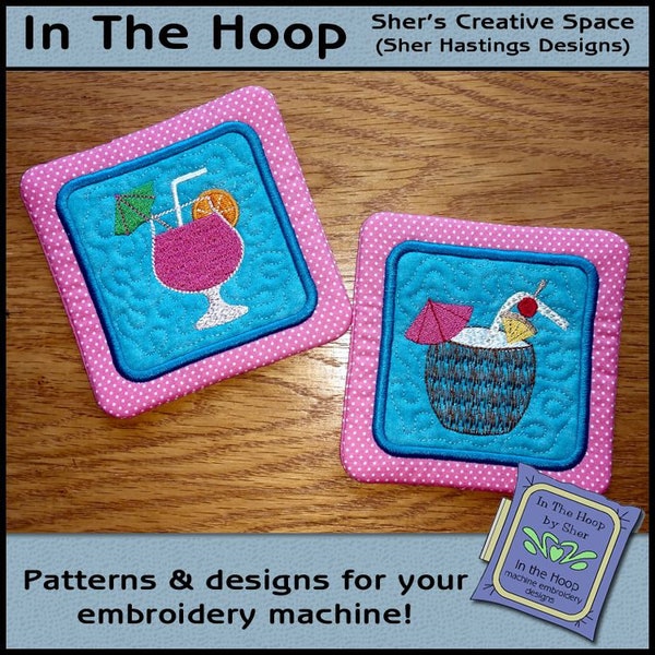 ITH Tropical Drink Coasters, In The Hoop Coasters, Drink Coasters, Beverage Coasters, Cocktail Embroidery, DIGITAL FILE 5x7 and 4x4 Hoops