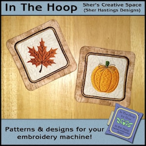 ITH Pumpkin & Leaf Coasters - In The Hoop Coasters - Halloween Coasters - Fall Coasters - Fall Embroidery 5x7 and 4 x 4 Hoops - DIGITAL FILE
