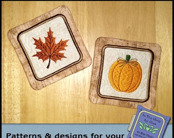 ITH Pumpkin & Leaf Coasters - In The Hoop Coasters - Halloween Coasters - Fall Coasters - Fall Embroidery 5x7 and 4 x 4 Hoops - DIGITAL FILE