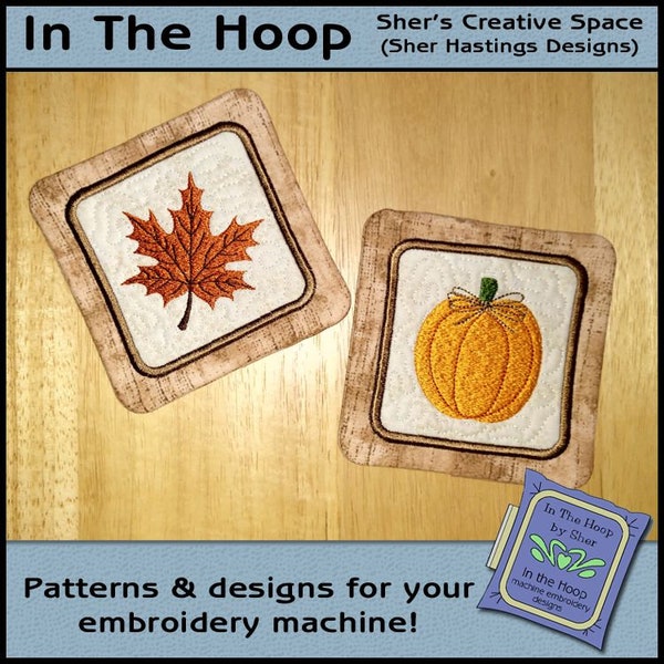 ITH Pumpkin & Leaf Coasters - In The Hoop Coasters - Halloween Coasters - Fall Coasters - Fall Embroidery 5x7 and 4 x 4 Hoops - DIGITAL FILE