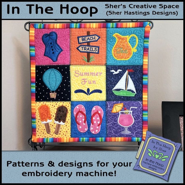 ITH Summer Fun Mini Quilt, Summer Embroidery, 9 Summer Patterns, 4 inch Hoop, Beach Embroidery, Applique Machine Embroidery, DIGITAL FILE